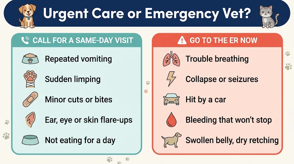 Infographic: call for a same-day visit for repeated vomiting, sudden limping, minor cuts or bites, ear, eye or skin flare-ups, or not eating for a day; go to the ER now for trouble breathing, collapse or seizures, being hit by a car, bleeding that won't stop, or a swollen belly with dry retching